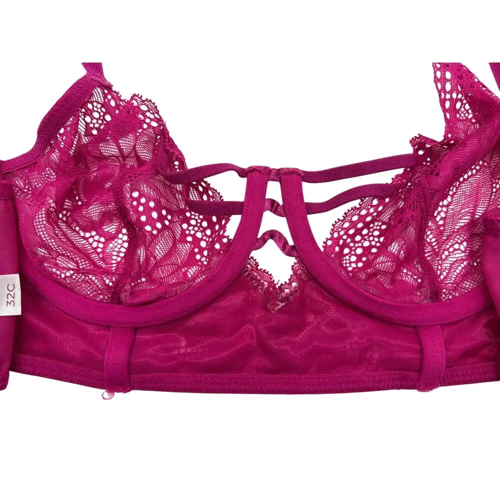 Adore Me Bra Longline Lace Strappy Balconette Underwire Back Closure Pink 32C
